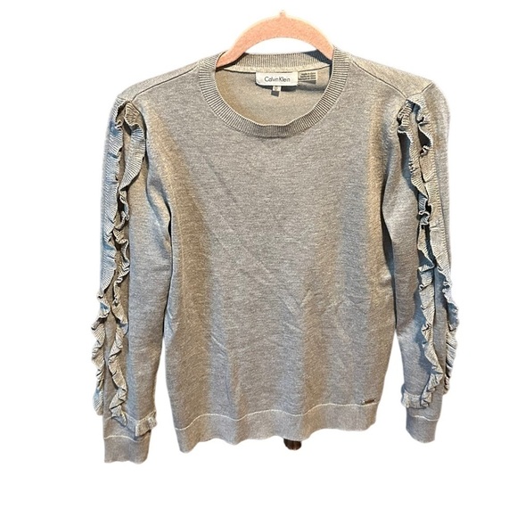 Calvin Klein sweater ruffled‎ sleeve xs stretch gray knit soft - Picture 1 of 2